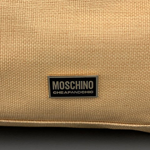 MOSCHINO Beige Floral Embroidered Canvas & Tan Leather Handbag