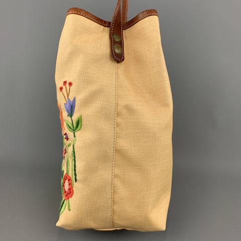 MOSCHINO Beige Floral Embroidered Canvas & Tan Leather Handbag