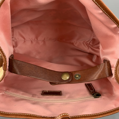 MOSCHINO Beige Floral Embroidered Canvas & Tan Leather Handbag