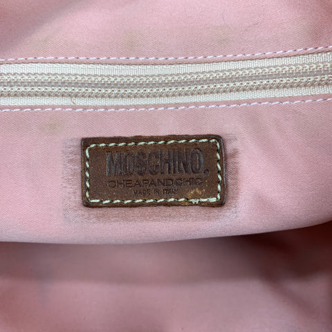 MOSCHINO Beige Floral Embroidered Canvas & Tan Leather Handbag