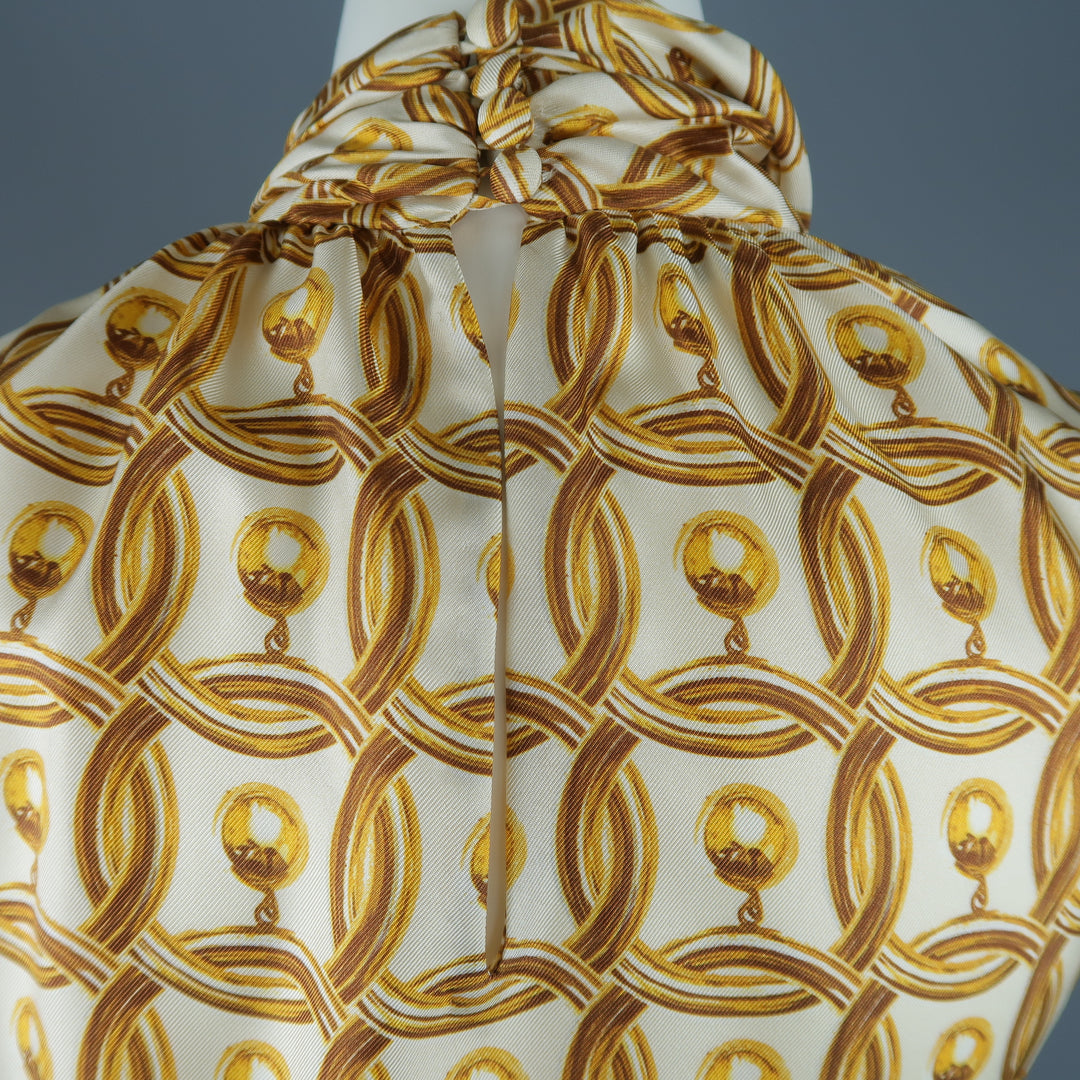 MOSCHINO Size 6 Gold & Cream Hoop Earring Print Silk Bow Dress Top