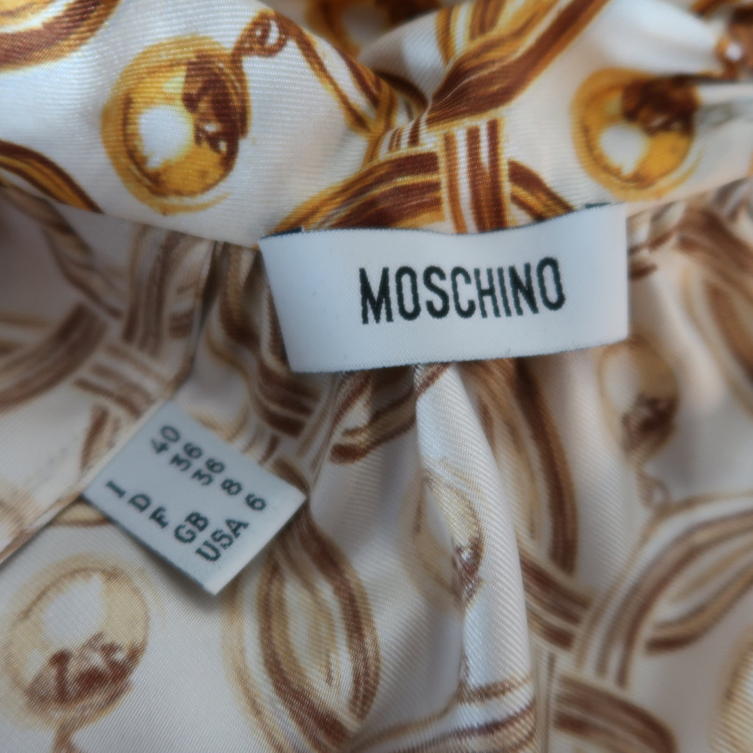 MOSCHINO Size 6 Gold & Cream Hoop Earring Print Silk Bow Dress Top