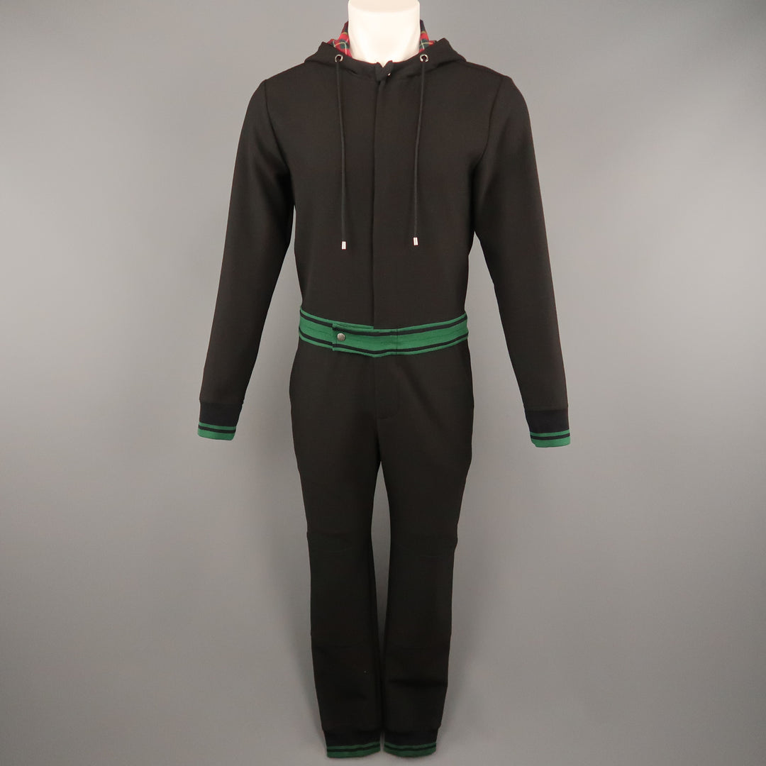 MR. TURK  Size S Black Jersey Green Banded Hooded Jump Suit