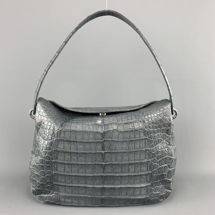 Muted Blue Grey Crocodile Skin Leather Top Handle Handbag