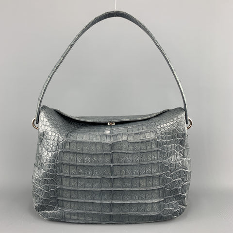 Muted Blue Grey Crocodile Skin Leather Top Handle Handbag