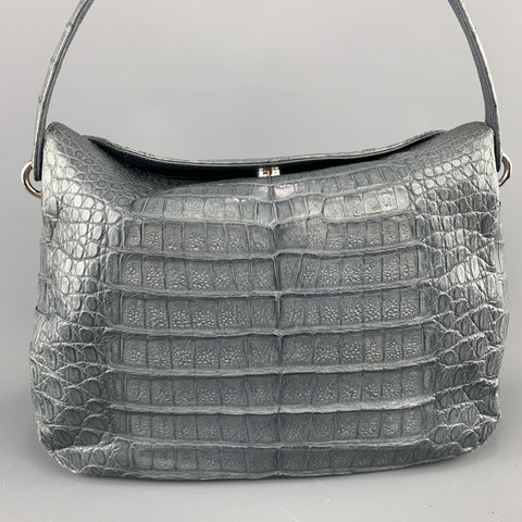 Muted Blue Grey Crocodile Skin Leather Top Handle Handbag