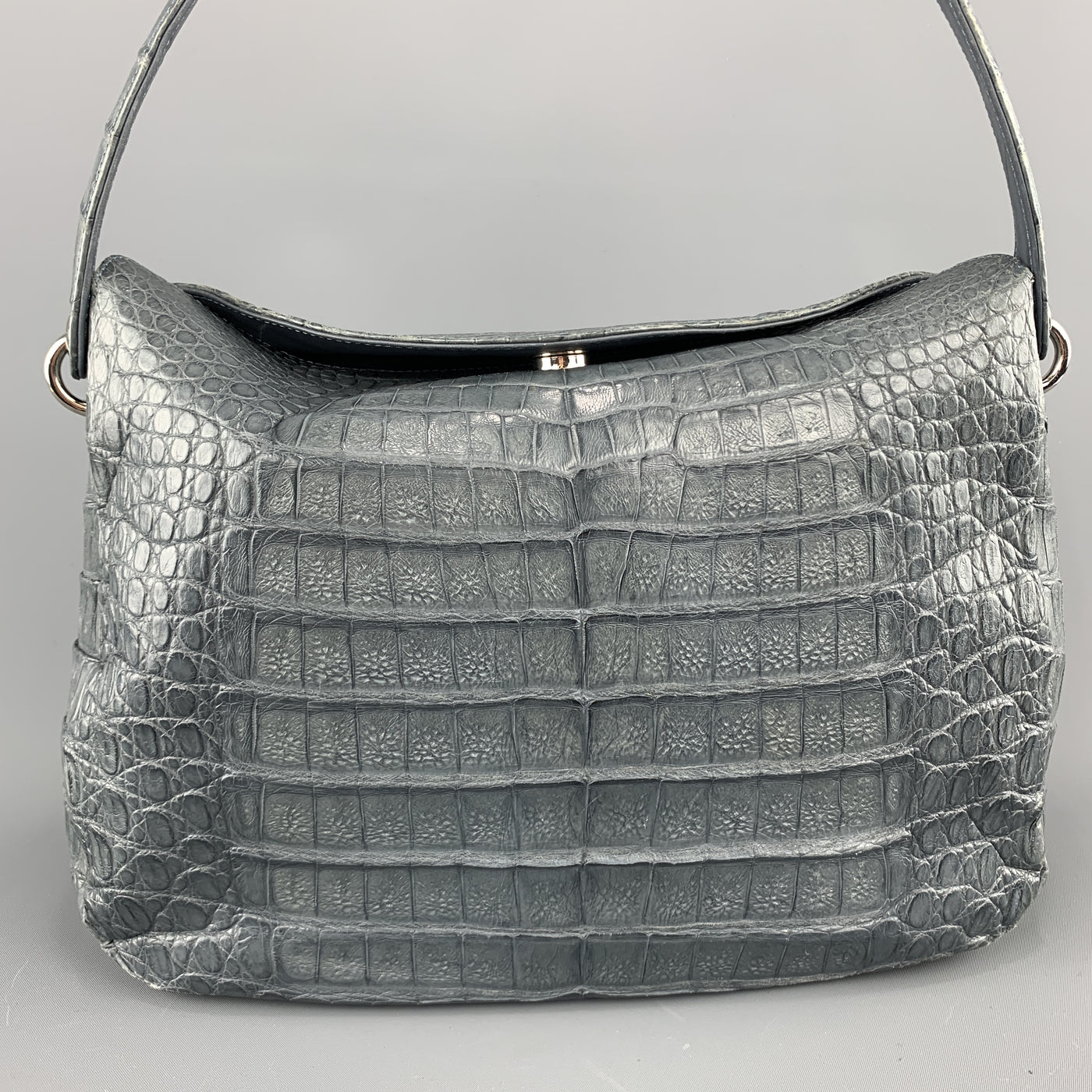 Muted Blue Grey Crocodile Skin Leather Top Handle Handbag