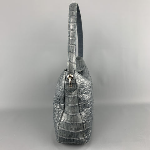Muted Blue Grey Crocodile Skin Leather Top Handle Handbag