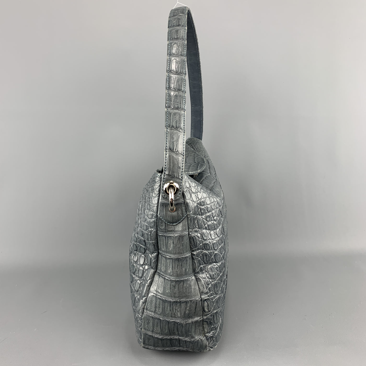 Muted Blue Grey Crocodile Skin Leather Top Handle Handbag