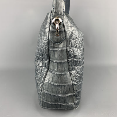 Muted Blue Grey Crocodile Skin Leather Top Handle Handbag
