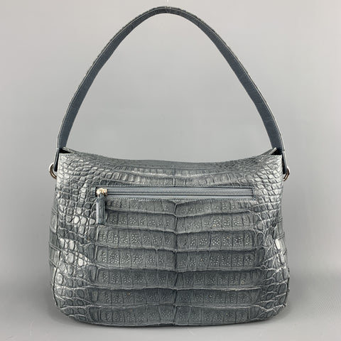 Muted Blue Grey Crocodile Skin Leather Top Handle Handbag