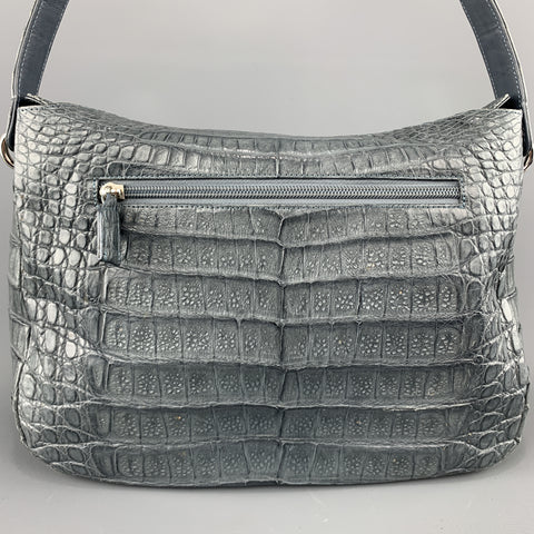 Muted Blue Grey Crocodile Skin Leather Top Handle Handbag