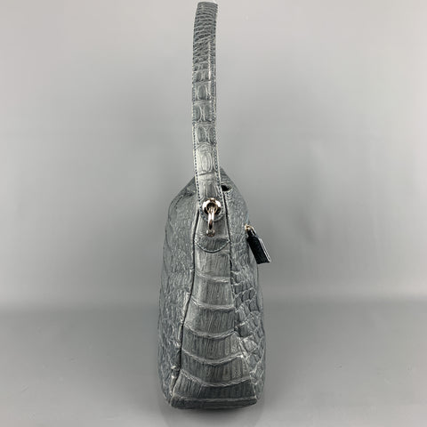 Muted Blue Grey Crocodile Skin Leather Top Handle Handbag