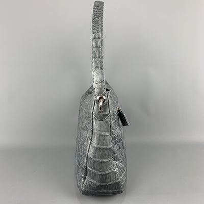 Muted Blue Grey Crocodile Skin Leather Top Handle Handbag
