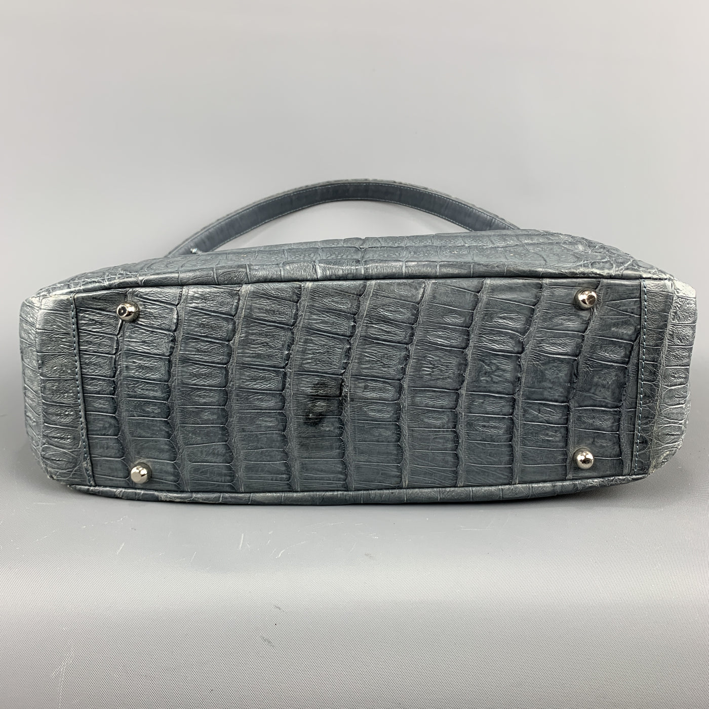 Muted Blue Grey Crocodile Skin Leather Top Handle Handbag