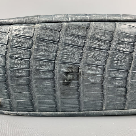 Muted Blue Grey Crocodile Skin Leather Top Handle Handbag