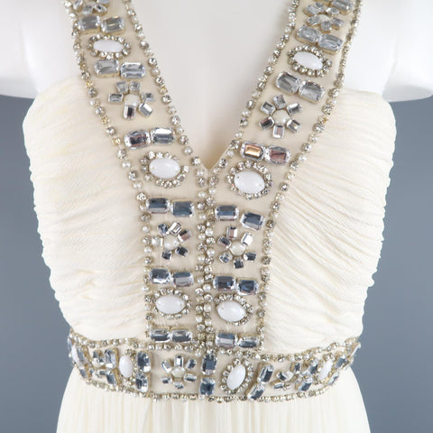 NAEEM KHAN Size M Cream Silk Crepe Chiffon Rhinestone Beaded Strap Dress / Gown
