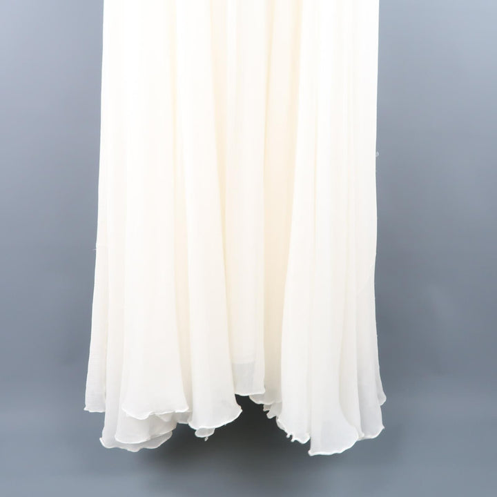 NAEEM KHAN Size M Cream Silk Crepe Chiffon Rhinestone Beaded Strap Dress / Gown