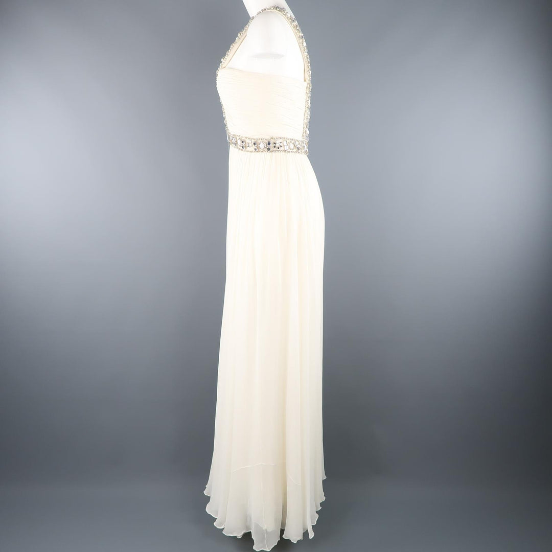 NAEEM KHAN Size M Cream Silk Crepe Chiffon Rhinestone Beaded Strap Dress / Gown Sui Generis Designer Consignment NAEEM KHAN Size M Cream Silk Crepe Chiffon Rhinestone Beaded Strap Dress / Gown Sui Generis Designer Consignment