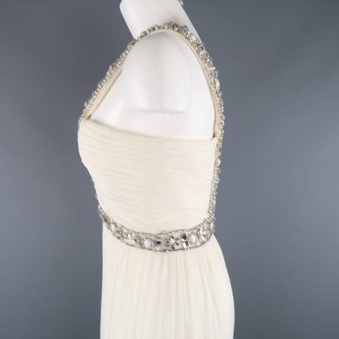 NAEEM KHAN Size M Cream Silk Crepe Chiffon Rhinestone Beaded Strap Dress / Gown