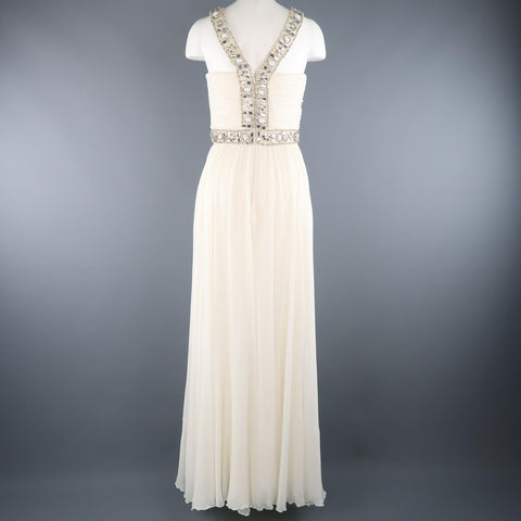 NAEEM KHAN Size M Cream Silk Crepe Chiffon Rhinestone Beaded Strap Dress / Gown