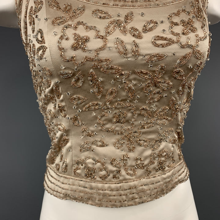 Vintage NEIMAN MARCUS Size 2 Beige Beaded Satin Shell Top