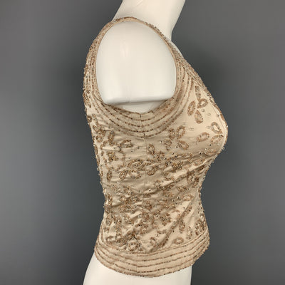 Vintage NEIMAN MARCUS Size 2 Beige Beaded Satin Shell Top