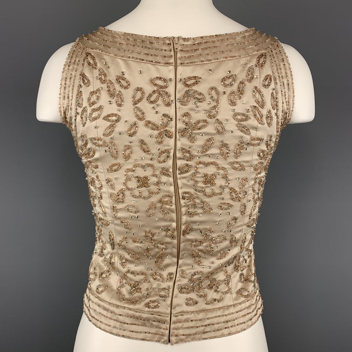 Vintage NEIMAN MARCUS Size 2 Beige Beaded Satin Shell Top