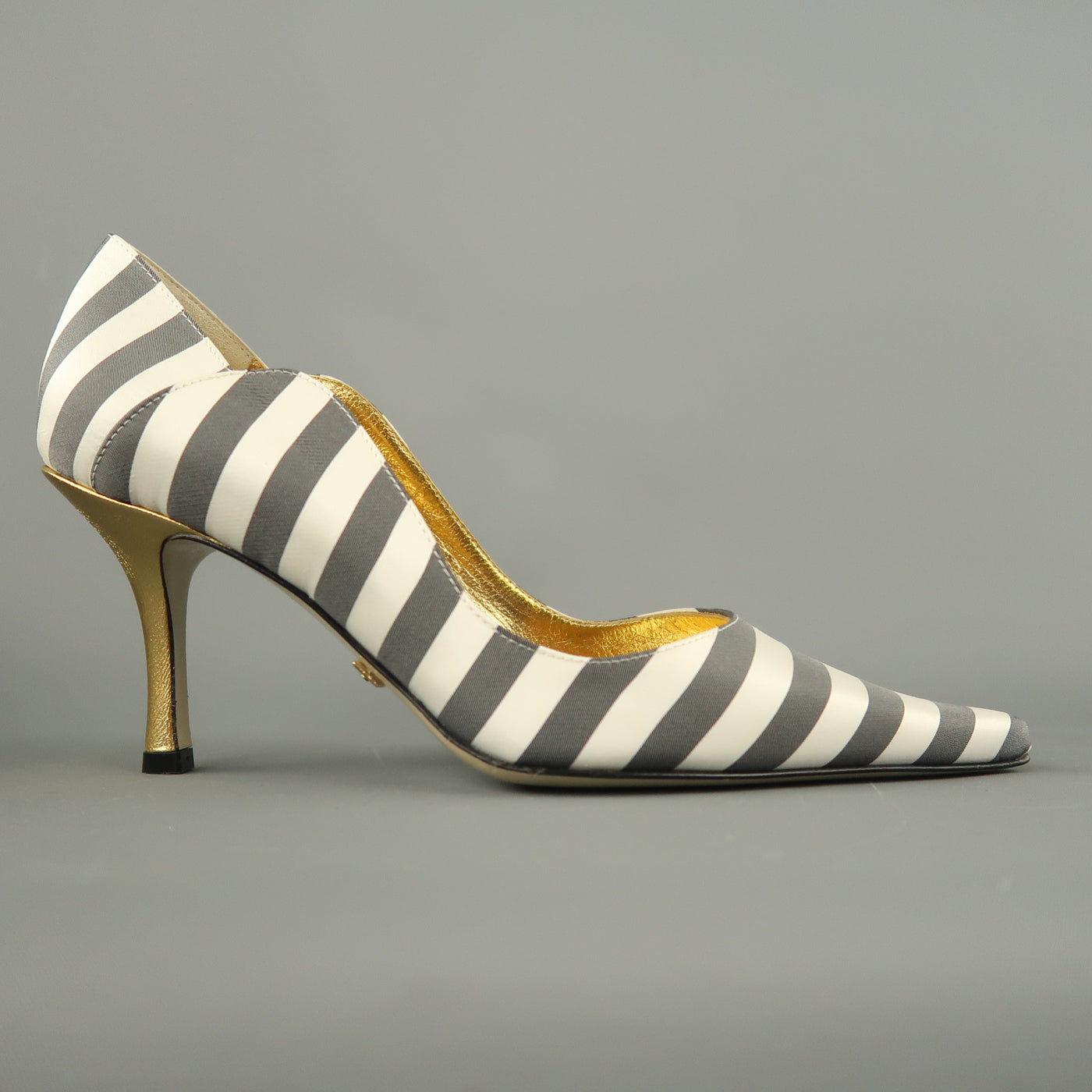 NICOLE MILLER Size 7 White & Gray Striped Satin Gold Heels ESTELLE Pumps