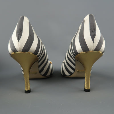 NICOLE MILLER Size 7 White & Gray Striped Satin Gold Heels ESTELLE Pumps