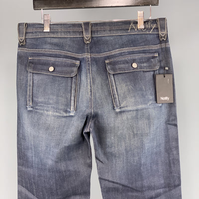 NOTIFY Size 33 x 33 Indigo Waxed Denim Zip Fly Jeans