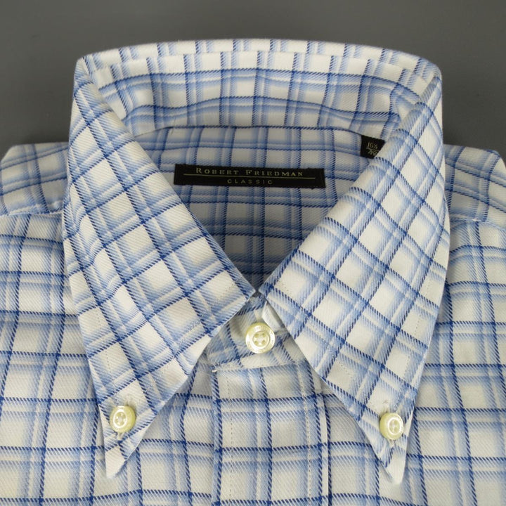 Nuevo ROBERT FRIEDMAN Camisa de manga larga de algodón a cuadros azul claro talla L