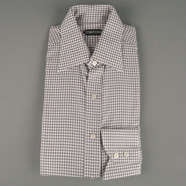 New TOM FORD Size L Taupe Gray & White Gingham Cotton Long Sleeve Shirt