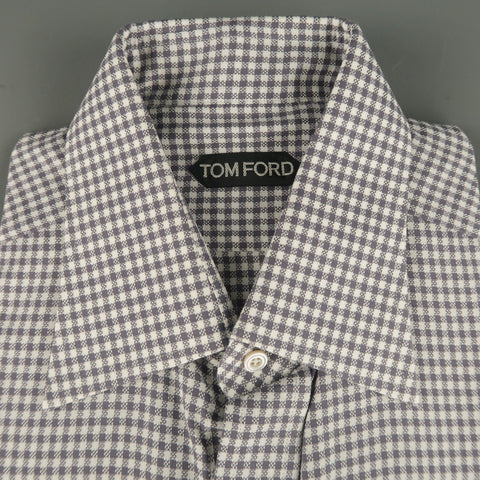 New TOM FORD Size L Taupe Gray & White Gingham Cotton Long Sleeve Shirt
