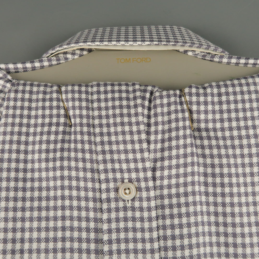 New TOM FORD Size L Taupe Gray & White Gingham Cotton Long Sleeve Shirt
