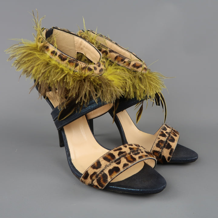 O JOUR US 9 /  IT 39  Navy Metallic Leather Leopard Green Feather Strap Sandals