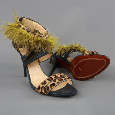 O JOUR US 9 /  IT 39  Navy Metallic Leather Leopard Green Feather Strap Sandals