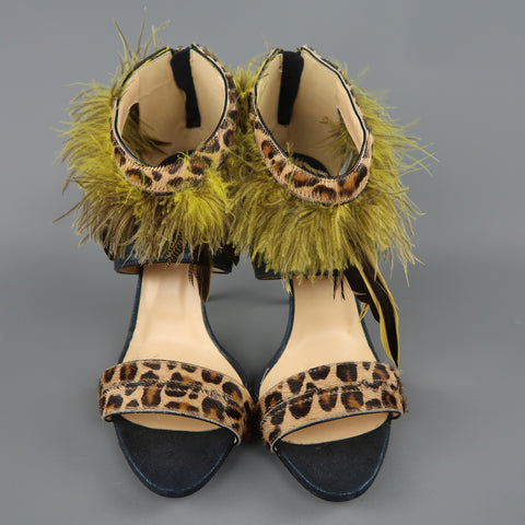 O JOUR US 9 / IT 39 Sandales à brides en plumes vert léopard en cuir métallisé bleu marine