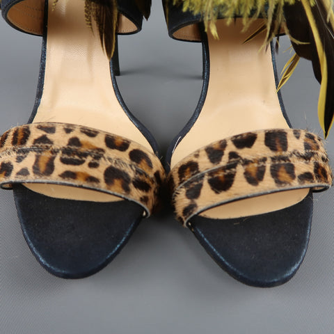 O JOUR US 9 / IT 39 Sandales à brides en plumes vert léopard en cuir métallisé bleu marine