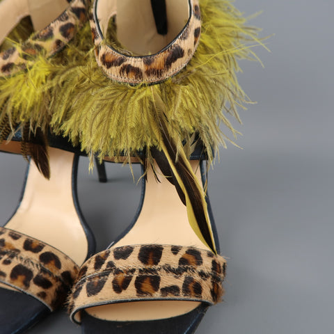 O JOUR US 9 / IT 39 Sandales à brides en plumes vert léopard en cuir métallisé bleu marine