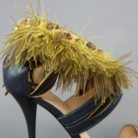 O JOUR US 9 / IT 39 Sandales à brides en plumes vert léopard en cuir métallisé bleu marine