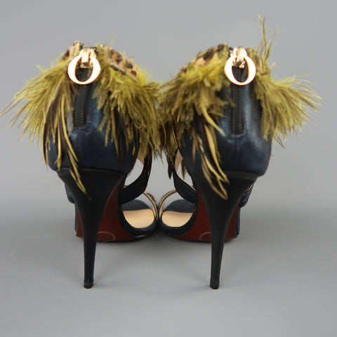 O JOUR US 9 / IT 39 Sandales à brides en plumes vert léopard en cuir métallisé bleu marine