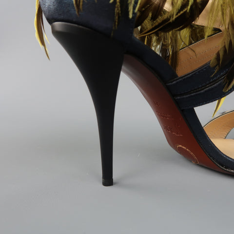 O JOUR US 9 / IT 39 Sandales à brides en plumes vert léopard en cuir métallisé bleu marine