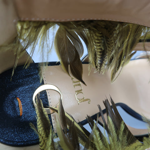 O JOUR US 9 / IT 39 Sandales à brides en plumes vert léopard en cuir métallisé bleu marine