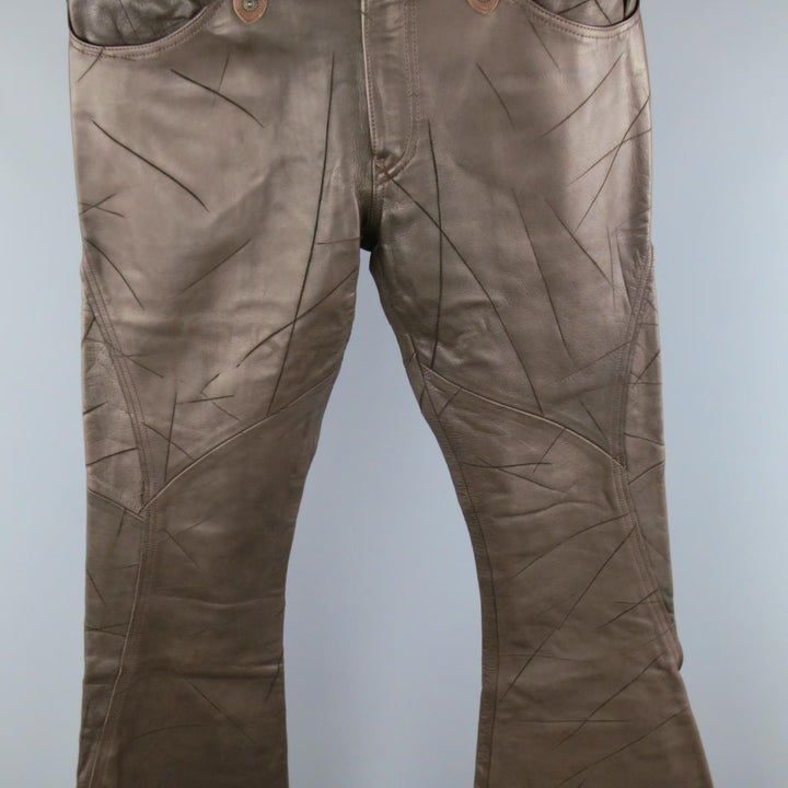 OBELISK Taille 32 Pantalon à fond cloche en cuir vieilli marron 