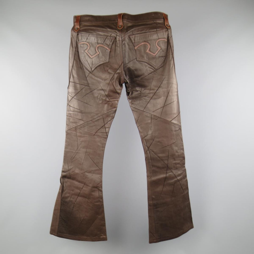 OBELISK Talla 32 Pantalones acampanados de cuero desgastado marrón 