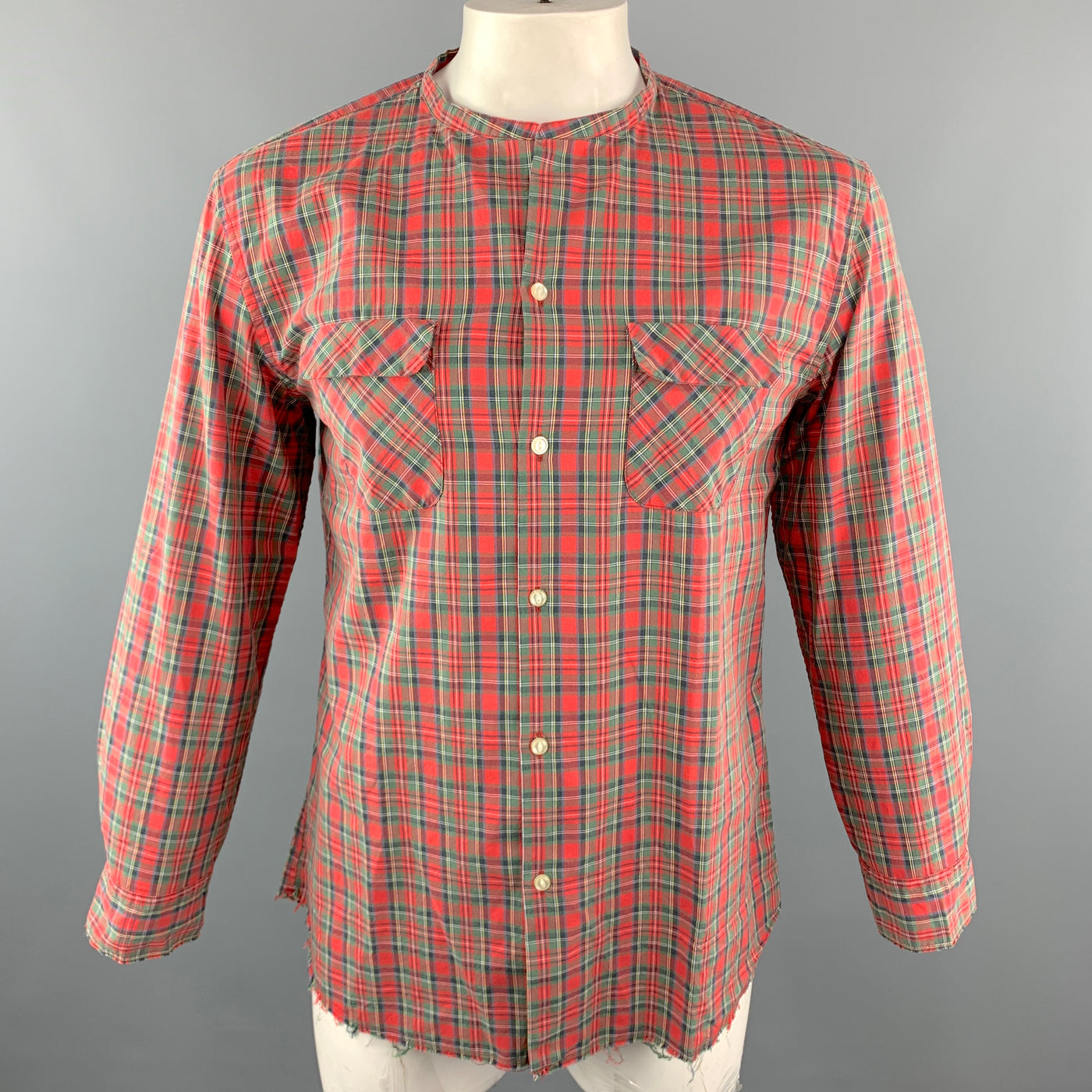 ONES STROKE Size XL Red Plaid Cotton Nehru Collar Long Sleeve Shirt