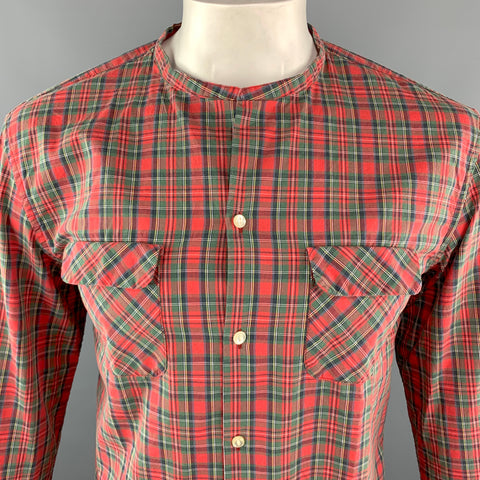 ONES STROKE Size XL Red Plaid Cotton Nehru Collar Long Sleeve Shirt