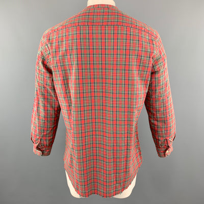 ONES STROKE Size XL Red Plaid Cotton Nehru Collar Long Sleeve Shirt
