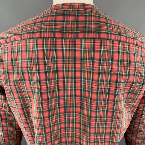 ONES STROKE Size XL Red Plaid Cotton Nehru Collar Long Sleeve Shirt
